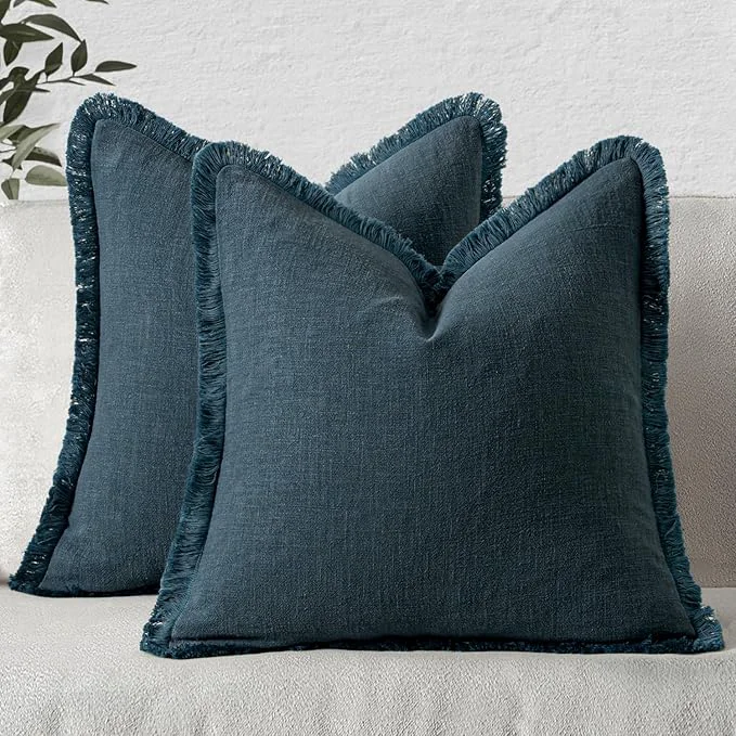 Solid MIULEE Decorative Throw Pillow Covers Neutral Linen Fringe Throw Pillows Set of Genuine