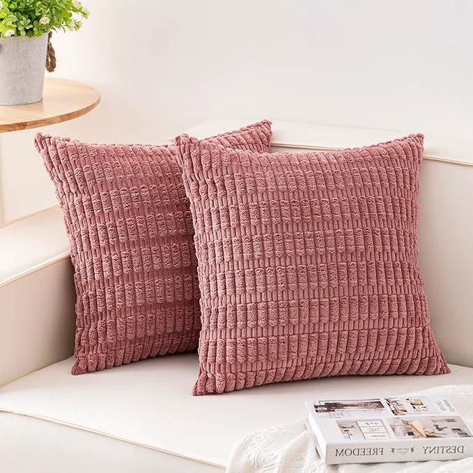 Refined Aegero Pack of 2 Corduroy Decorative Throw Pillow Covers 18×18 Inch Soft Relaxed