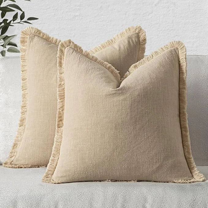 Certified MIULEE Decorative Throw Pillow Covers Neutral Linen Fringe Throw Pillows Set of Elegant