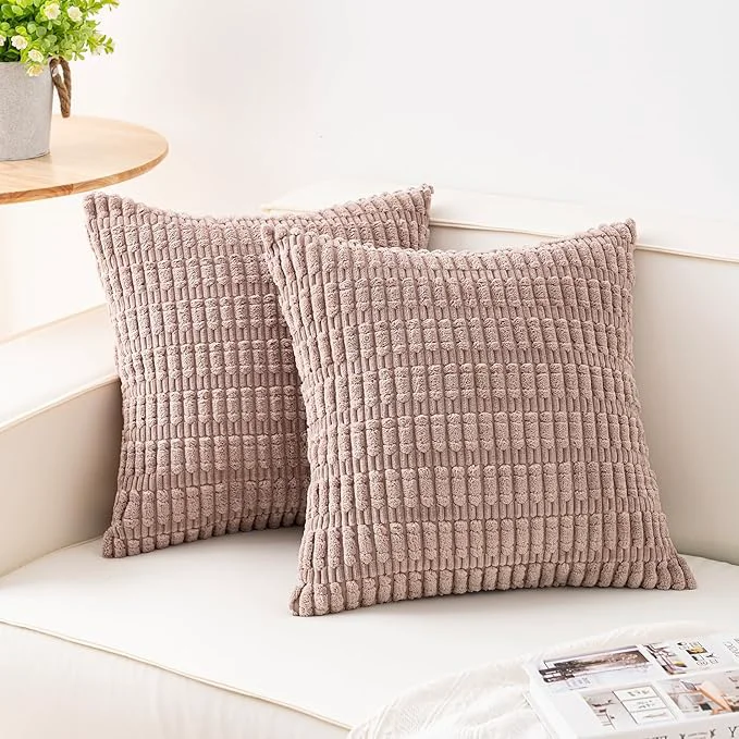 Contemporary Aegero Pack of 2 Corduroy Decorative Throw Pillow Covers 26×26 InchSoft Striped Clean