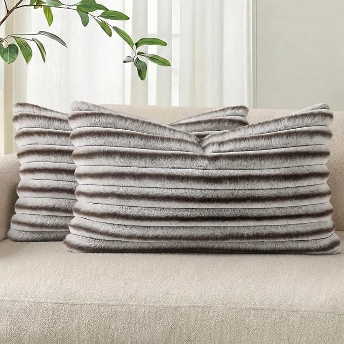 High-Grade Pallene Faux Fur Plush Lumbar Throw Pillow Covers 12×20 Set of 2 Luxury Soft Casual