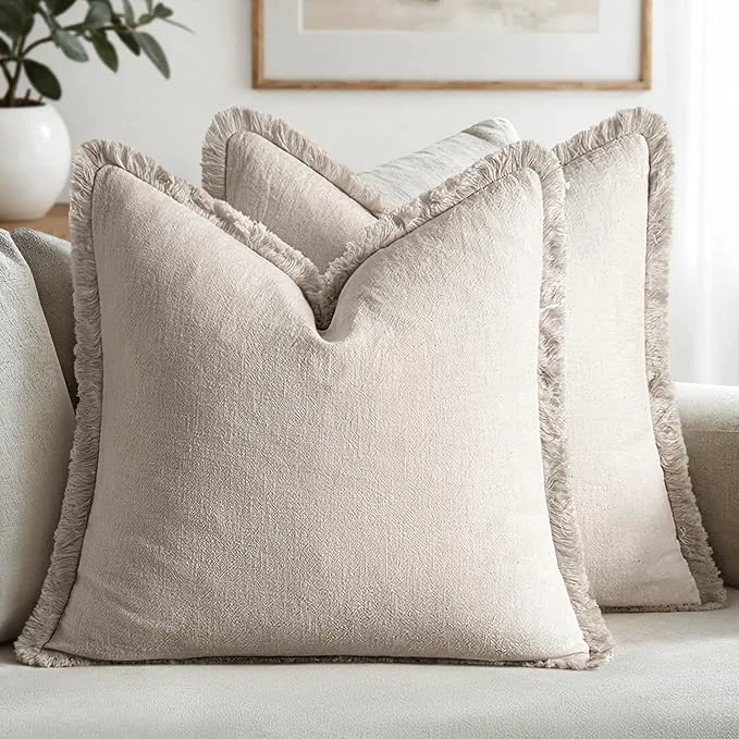 Expertly Made MIULEE Decorative Throw Pillow Covers Neutral Linen Fringe Throw Pillows Set of Functional