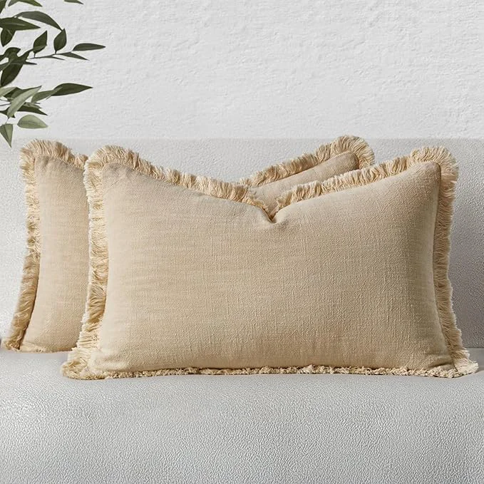 Fashionable MIULEE Decorative Lumbar Throw Pillow Covers Neutral Linen Fringe Throw Pillows Effective