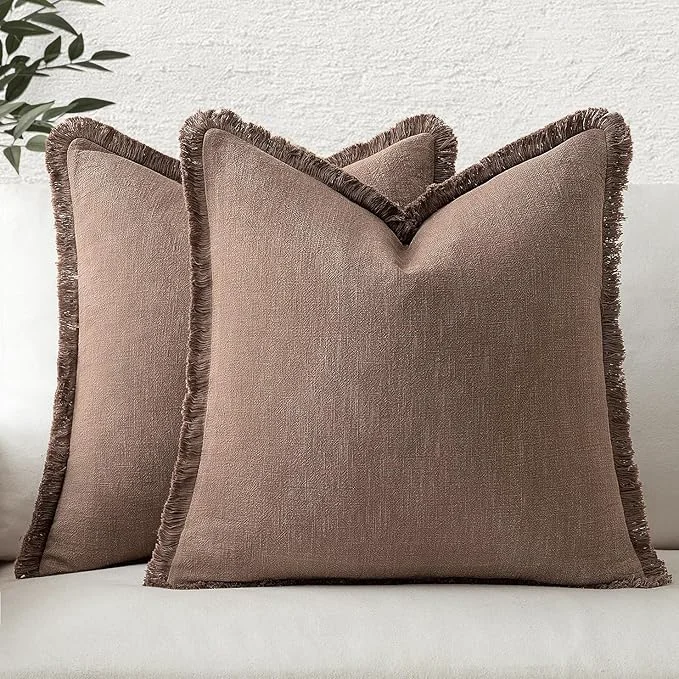 Quality MIULEE Decorative Throw Pillow Covers Neutral Linen Fringe Throw Pillows Set of Comfortable