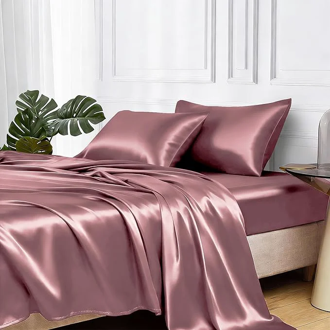 Contemporary MR HM Satin Bed Sheets Set Twin XL Rose Taupe 600 Thread Count 15 Inches Excellent