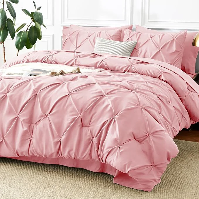 Original Design CozyLux Queen Comforter Set Pink 7 Pieces Pintuck Bed in A Bag Premium Pink Green