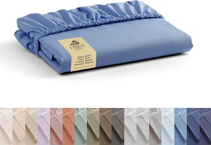Crafted Linen Home Cotton Percale Weave Fitted Sheet Twin Size Baby Blue Environmentally Friendly