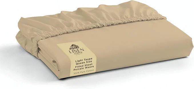 Casual Linen Home Cotton Percale Weave Fitted Sheet Queen Size Light Taupe Premium Material