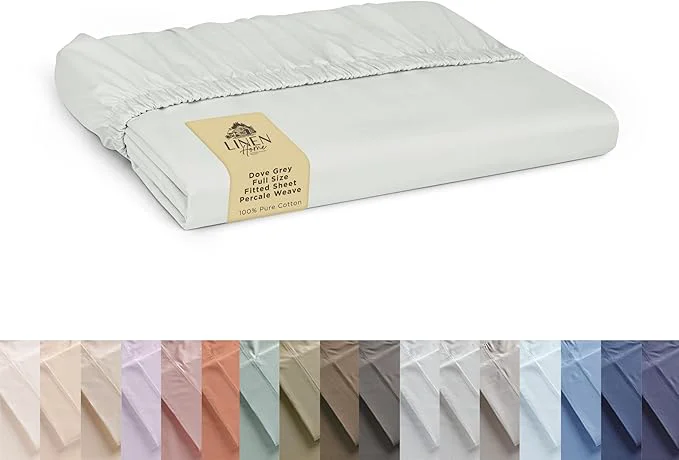 Natural Linen Home Cotton Percale Weave Fitted Sheet Full Size Dove Grey Traditional