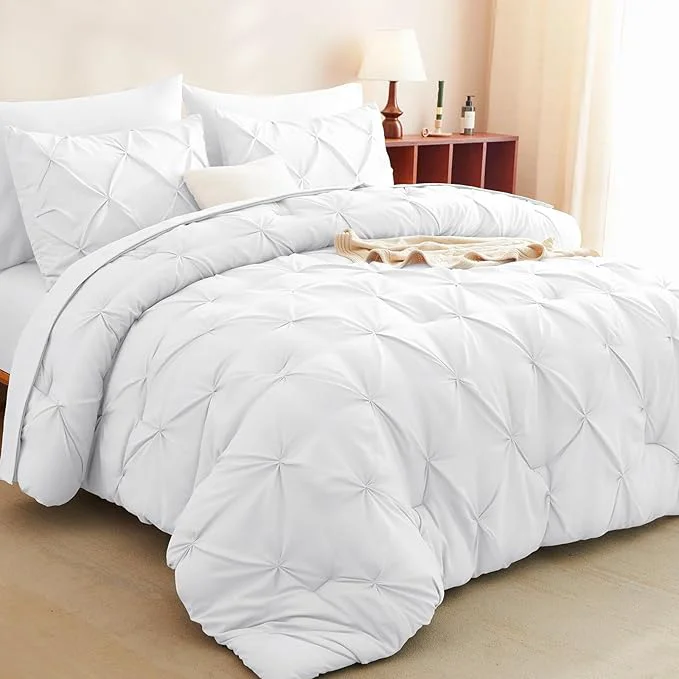 Long-Lasting CozyLux Queen Comforter Set White 7 Pieces Pintuck Bed in A Bag Premium White Solid