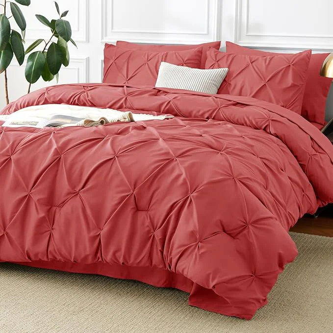 Dependable CozyLux Queen Comforter Set Coral 7 Pieces Pintuck Bed in A Bag Premium Coral Smart