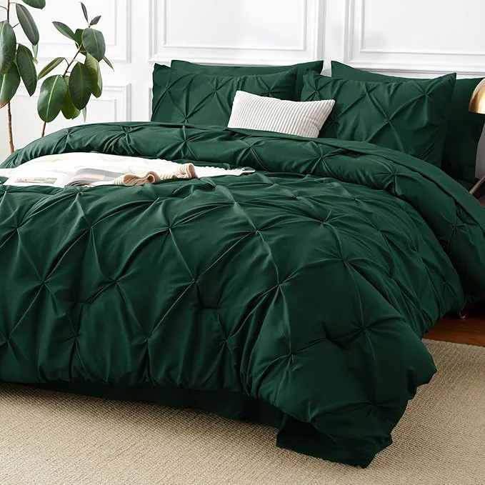 Authentic CozyLux Queen Comforter Set Emerald Green 7 Pieces Pintuck Bed in A Bag Versatile