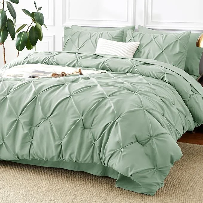 Excellent CozyLux King Size Comforter Set Sage Green 7 Pieces Pintuck Bed in A Bag Green World-Class