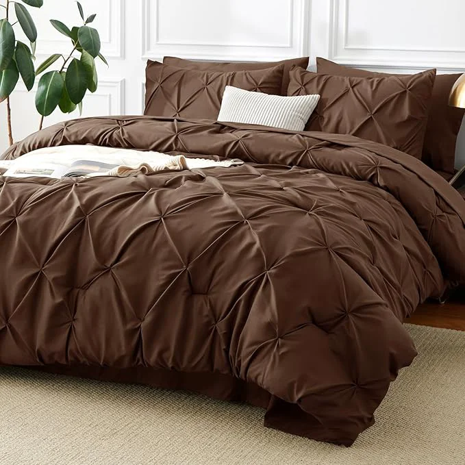 Environmentally Friendly CozyLux Full Size Comforter Sets Brown 7 Pieces Pintuck Bed in A Bag Brown First-Class