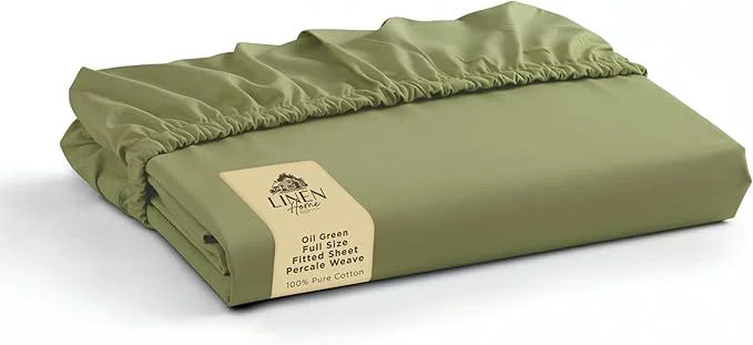 Specialty Linen Home Cotton Percale Weave Fitted Sheet Full Size Oil Green Sustainable