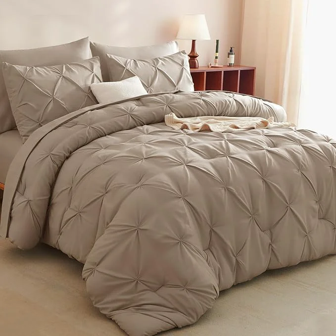 Environmentally Friendly CozyLux Queen Comforter Set Khaki 7 Pieces Pintuck Bed in A Bag Premium Khaki User-Friendly