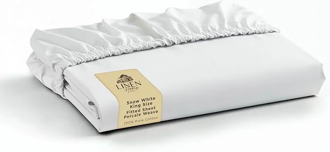 Trendy Linen Home Cotton Percale Weave Fitted Sheet King Size Snow White User-Friendly
