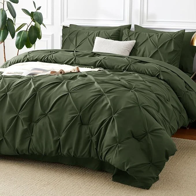 CozyLux Full Size Comforter Sets Olive Green 7 Pieces Pintuck Bed in A Bag Detailed