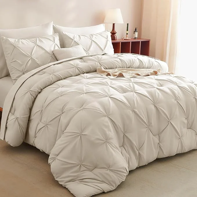 Carefully Designed CozyLux Queen Comforter Set Beige 7 Pieces Pintuck Bed in A Bag Premium Beige Reliable