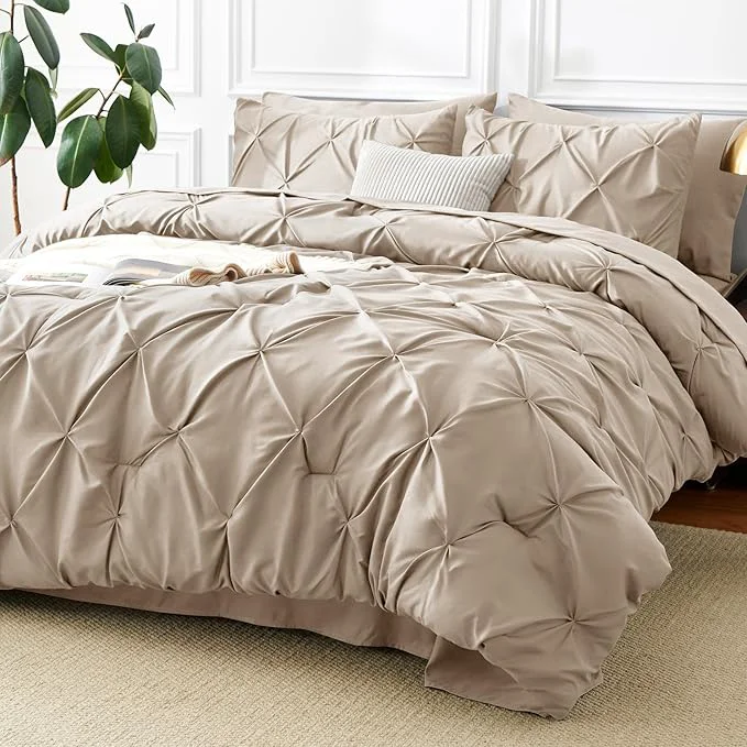 Authentic CozyLux Queen Comforter Set Wheat 7 Pieces Pintuck Bed in A Bag Premium Wheat Quality