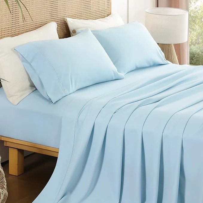 Easy-to-Use King Sheet Set 4 Piece Wrinkle Oeko-Tex Bedsheets，Sky Blue Trendy