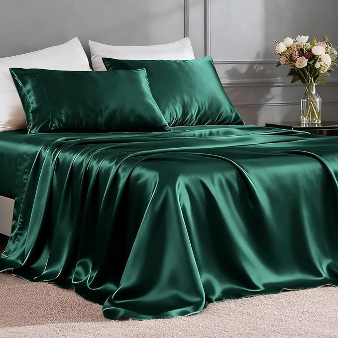 Recyclable FreshCulture Satin Sheets Queen Size Bed Set- 4 Piece Luxury Soft Silky Queen Solid