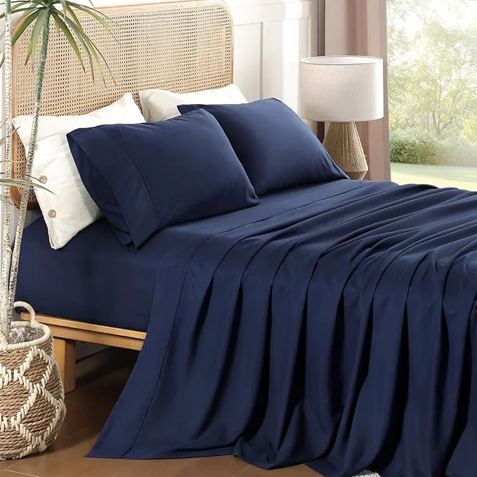 Healthy Twin Sheet Set 3 Piece Wrinkle Oeko-Tex Bedsheets，Navy Blue Proven