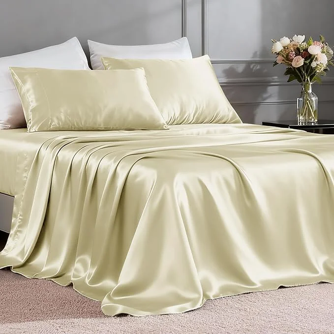 Breathable FreshCulture Satin Sheets Twin Size Bed Set Natural