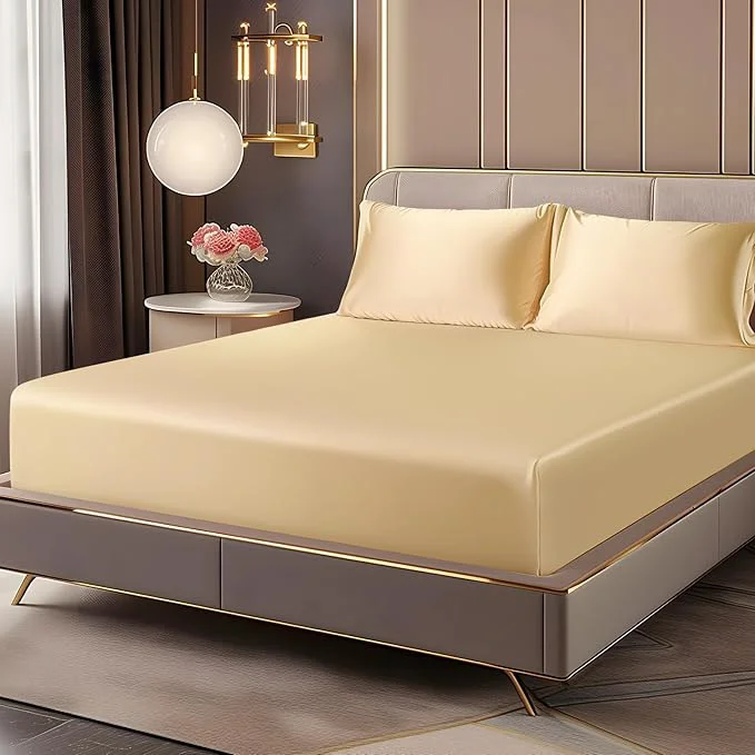 Effective BEDELITE Satin Fitted Sheet and Pillowcases Set Luxury Soft Similar to Silk Long-Lasting