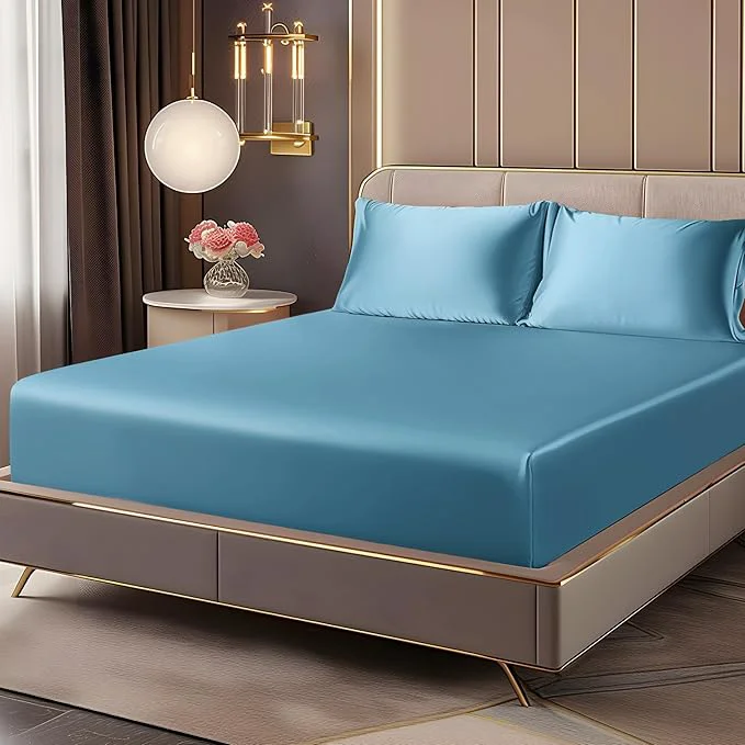 Optimized BEDELITE Satin Fitted Sheet and Pillowcases Set Luxury Soft Similar to Silk Advanced