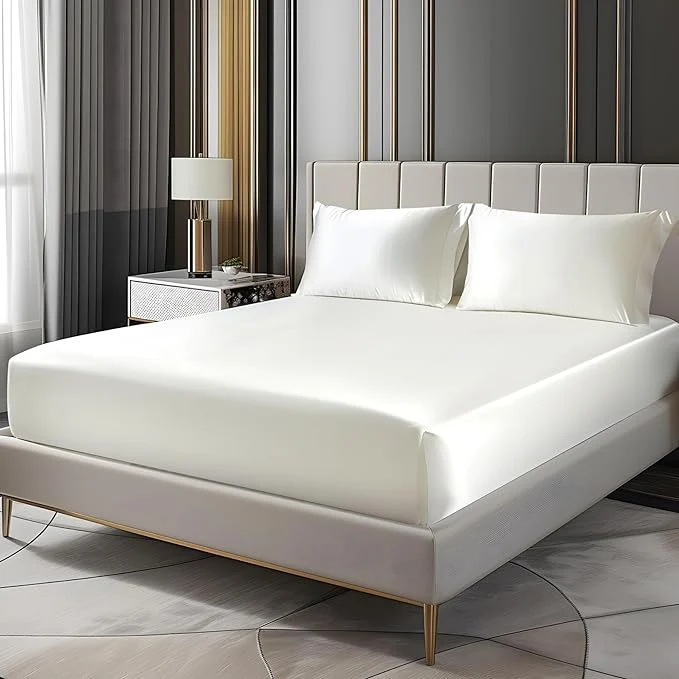 Relaxed BEDELITE Satin Fitted Sheet and Pillowcases Set Luxury Soft Similar to Silk Elegant