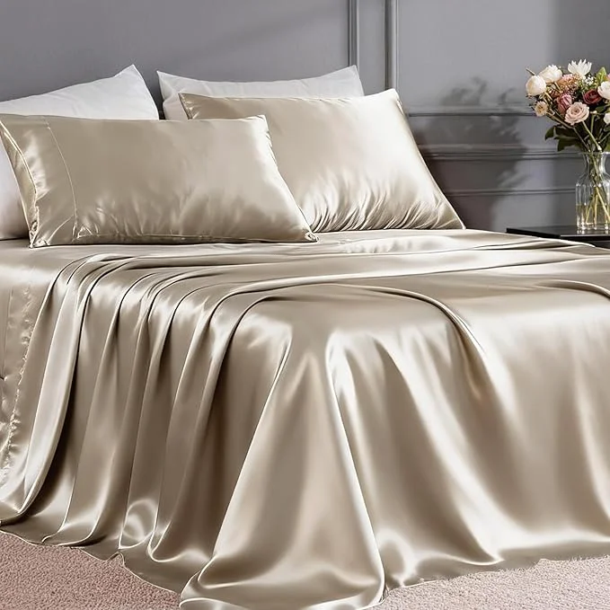 Fashionable FreshCulture Satin Sheets Queen Size Bed Set- 4 Piece Luxury Soft Silky Queen Superior