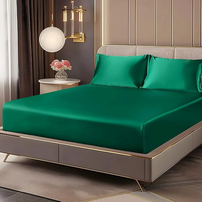 High-Grade BEDELITE Satin Fitted Sheet and Pillowcases Set Luxury Soft Similar to Silk Lightweight