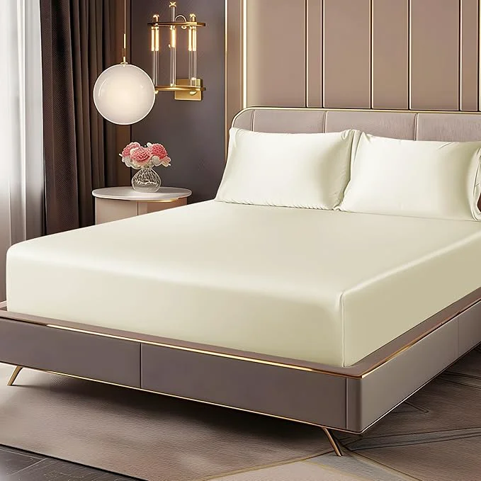 Stylish BEDELITE Satin Fitted Sheet and Pillowcases Set Luxury Soft Similar to Silk Breathable