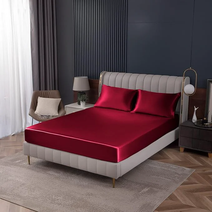 Classic Homiest Burgundy Satin Fitted Sheet Twin Size Deep Pocket Luxury Ultra Soft Original