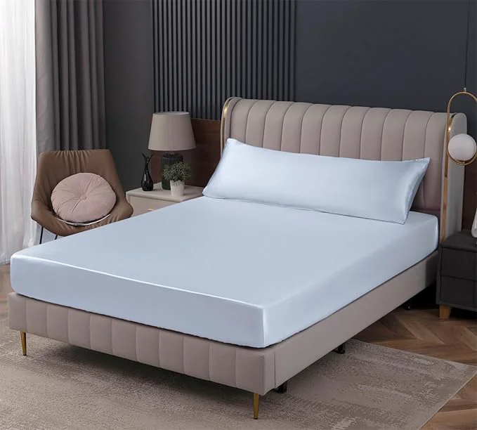 Premium Homiest Baby Blue Satin Fitted Sheet King Size Deep Pocket Luxury Ultra Excellent