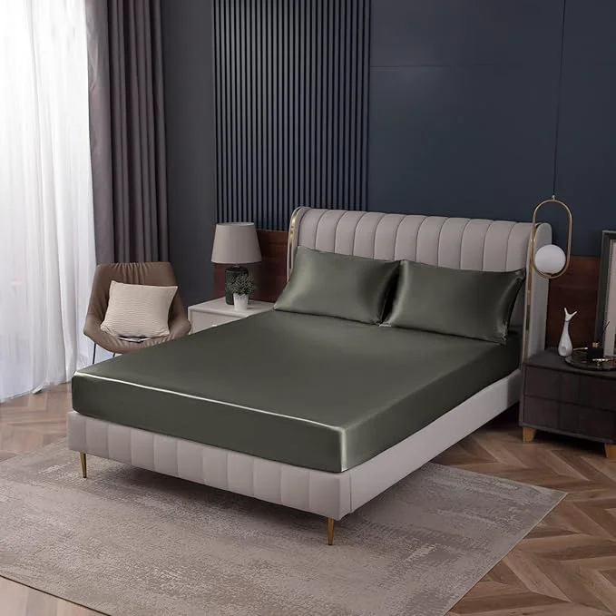 Natural Homiest Dark Grey Satin Fitted Sheet King Size Deep Pocket Luxury Ultra Fine