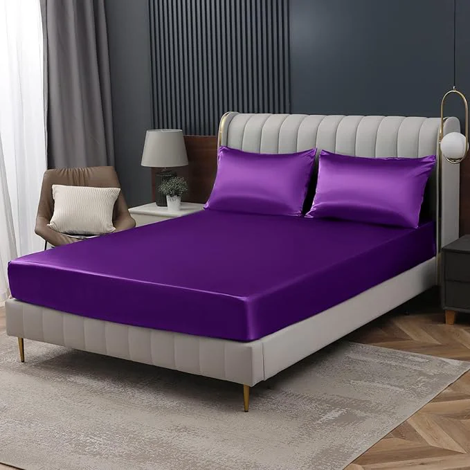 Relaxed Homiest Purple Satin Fitted Sheet King Size Deep Pocket Luxury Ultra Soft Proven