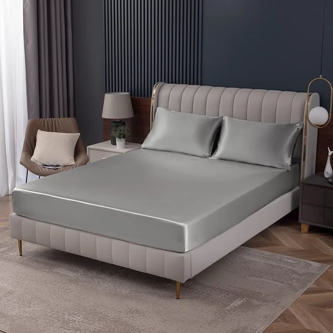 Detailed Homiest Luxury Light Grey Satin Fitted Sheet First-Class
