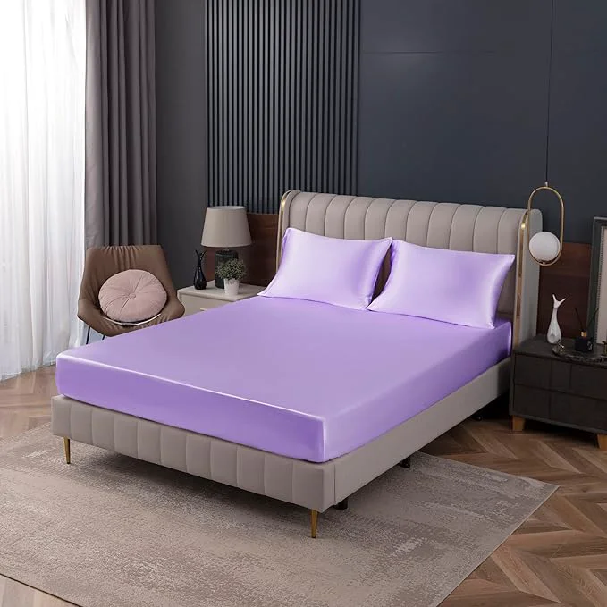 Lightweight Homiest Lavender Satin Fitted Sheet Full Size Deep Pocket Luxury Ultra Soft Reusable