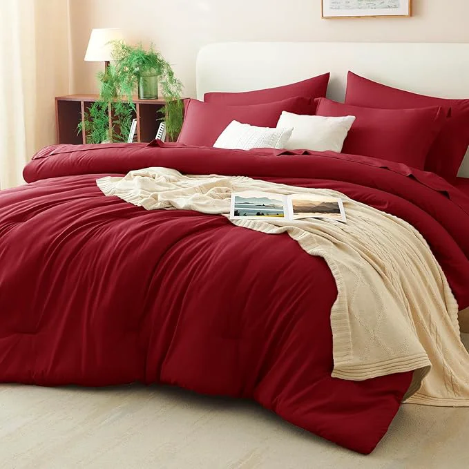 Fine CozyLux Full Size Comforter Sets Dark Red 7 Pieces Bed in a Bag Full Comforter Natural