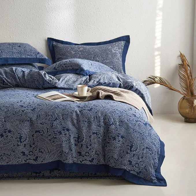 Verified mixinni Muslin Cotton Vintage Navy Blue Paisley Floral Duvet Cover Queen Size Authentic
