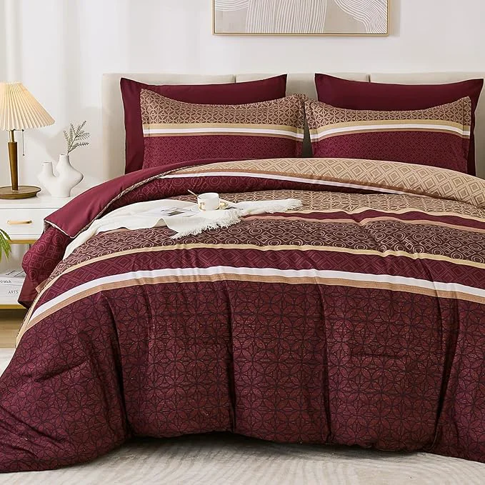 High-End WONGS BEDDING Burgundy Comforter Set Queen Size 7 Pieces Maroon Striped Bed in Elite