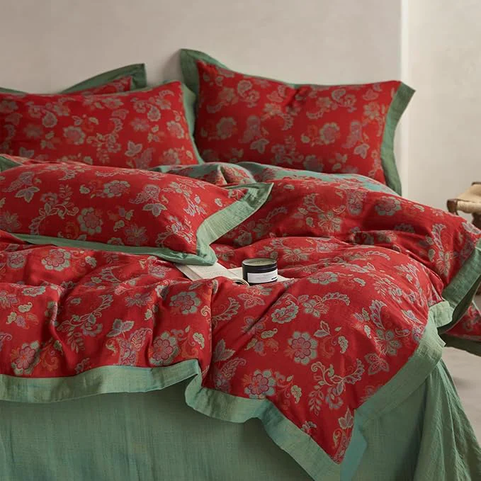 Artisan mixinni Exquisite Vintage Red Floral Duvet Cover King Size Yarn-Dyed Jacquard Next-Generation