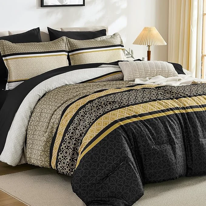 Breathable WONGS BEDDING Yellow Black King Comforter Set 7 Pieces Boho Striped Bed in a Trendy