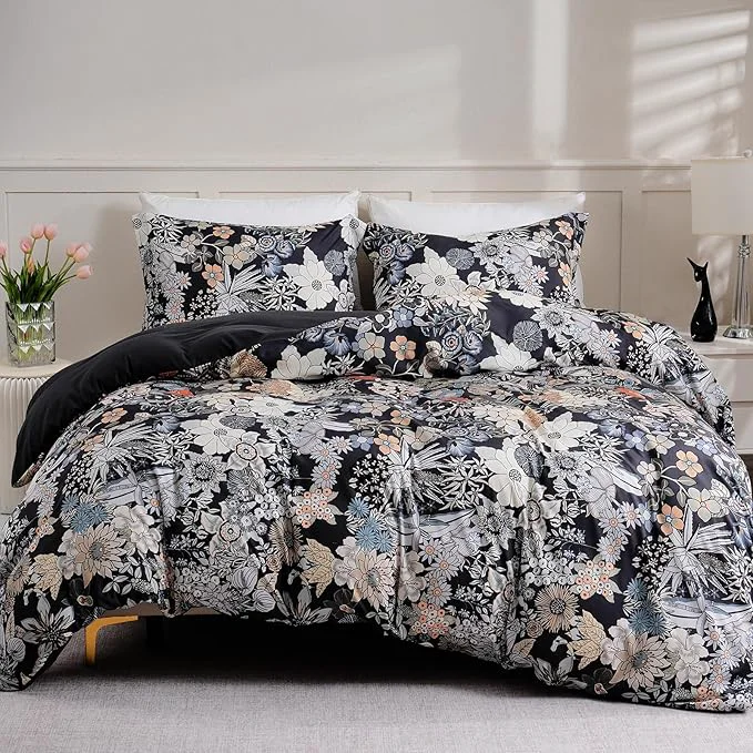 Safe LONAVA Queen Flower 3 Pcs Duvet Cover Set Breathable Soft Microfiber Black Outstanding