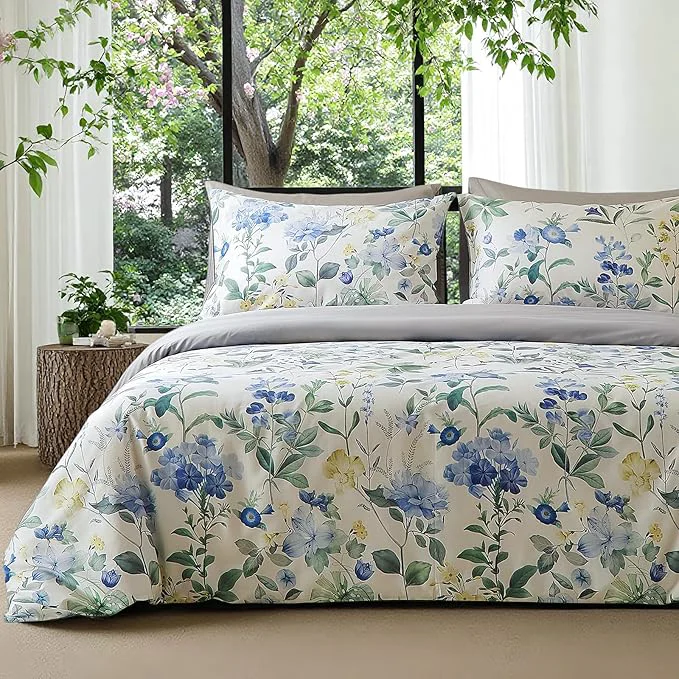 High-Performance mixinni Reversible Floral Duvet Cover Set Queen Size 3 Piece Blue Green Traditional