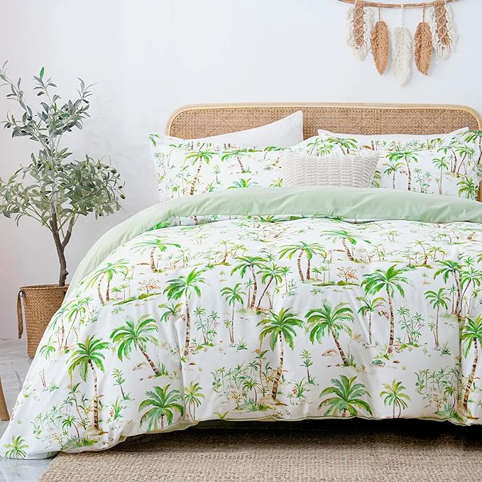 Premium LONAVA Queen Tropical 3 Pcs Duvet Cover Set Breathable Soft Microfiber Sage Luxury