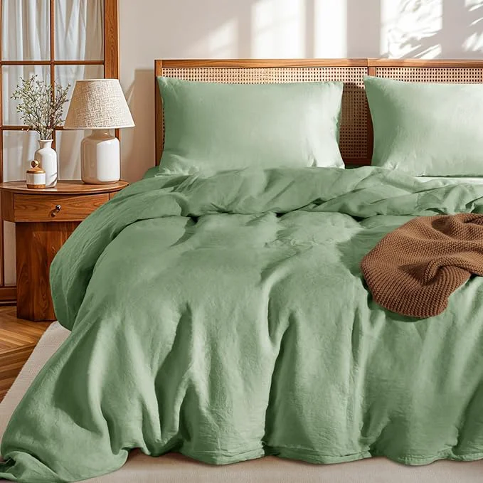 Easy-to-Use LBRO2M France Linen Duvet Cover Set Queen Size 3 Pcs Natural Flax Traditional