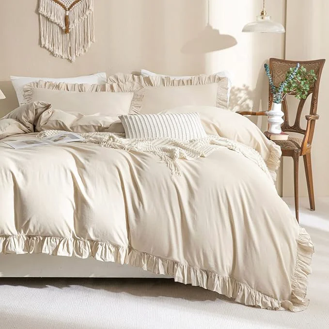 Advanced QSH Washed Cotton Duvet Cover King Ruffle Duvet Cover Linen Feel Textured Quality